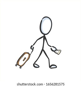 Man walking with suitcase and flight ticket in airport. Hand drawn. Stickman cartoon. Doodle sketch, Vector graphic illustration
