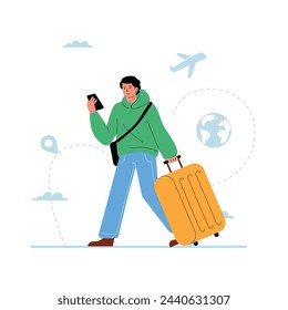 A man walking with a suitcase and holding a phone in his hands at the airport, the concept of digital nomads, a single traveler.