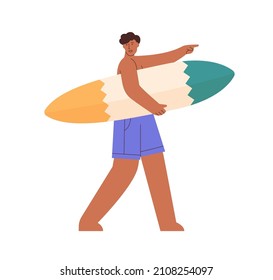 Man walking with surfboard in hands, talking and pointing at sea. Active tanned guy surfer going and holding surf board on summer holidays. Flat vector illustration isolated on white background