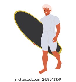 Hombre caminando con tabla de surf en las manos, hablando y apuntando al mar. Surfista curtido activo que va y sostiene tabla de surf en vacaciones de verano. Ilustración vectorial plana aislada sobre fondo blanco