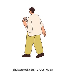 Man walking with takeaway coffee cup in hand. Young male in casual outfit holding take-away takeout drink, strolling, going outdoors. Flat vector illustration isolated on white background