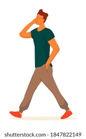 Hombre caminando hablando del teléfono aislado en un fondo blanco