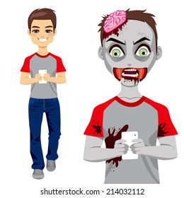 Man walking and texting with smartphone and turning into a zombie
