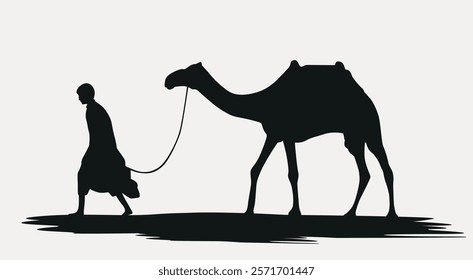 A man is walking through the desert with a camel, Camel black silhouette white background, Camel vector illustration