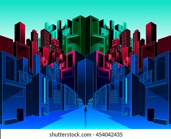 A man walking through a futuristic city illustration