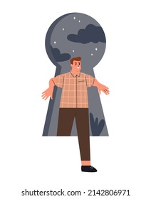 Man walking through the giant keyhole. Self discovery and identity finding concept. Flat vector illustration isolated on white background
