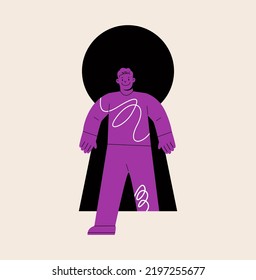 Man walking through the giant keyhole. Self discovery and identity finding concept. Colorful vector illustration