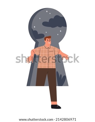 Man walking through the giant keyhole. Self discovery and identity finding concept. Flat vector illustration isolated on white background
