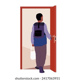 Man walking through open door, back view. Male character with backpack holding door handle to enter or exit room into corridor or hall, step through doorway of boy student cartoon vector illustration