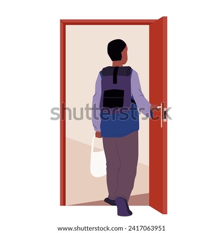 Man walking through open door, back view. Male character with backpack holding door handle to enter or exit room into corridor or hall, step through doorway of boy student cartoon vector illustration