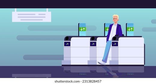 Man walking through subway turnstile, flat vector illustration. Metro entrance gates. Concepts of public transport and security.