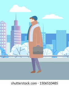 Man walking through urban winter park alone. Person in warm brown overcoat, hat and scarf going with suitcase. Beautiful snowy landscape of city on background. Vector illustration in flat style