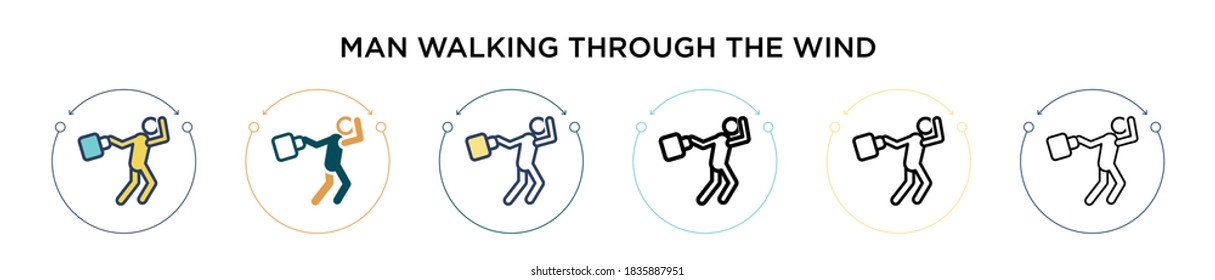 Man walking through the wind icon in filled, thin line, outline and stroke style. Vector illustration of two colored and black man walking through the wind vector icons designs can be used for