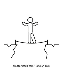 Man is walking tightrope across cliff, balance on rope, line icon. Challenge is walking over abyss, gap. Business concept and risk. Vector illustration