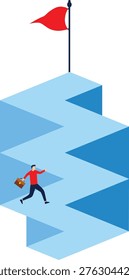 Man walking toward a rising zigzag path with a red flag on top, challenge, ambition, perseverance, journey, growth, determination
