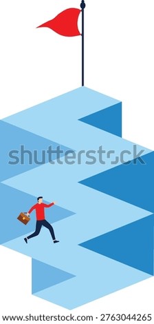 Man walking toward a rising zigzag path with a red flag on top, challenge, ambition, perseverance, journey, growth, determination

