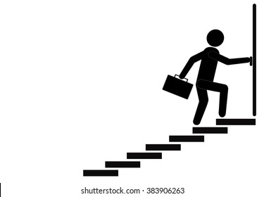 man walking towards his goal up the stairs, passing through difficulties and obstacles. Symbol of faith and diligence. Vector