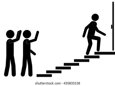 man walking towards his goal up the stairs, passing through difficulties and obstacles. Symbol of faith and diligence. Vector