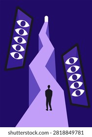 Man Walking Towards Light Between Watching Eyes
