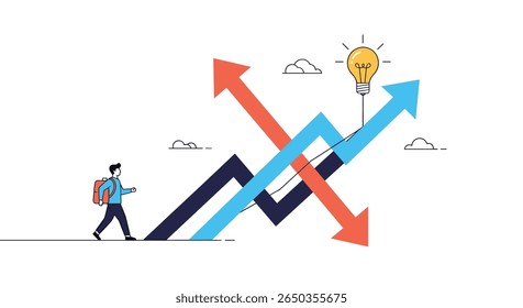 Man walking towards rising business growth arrows with bright idea bulb above