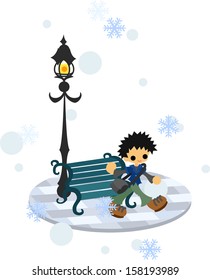 A man is walking in the town where it snows.