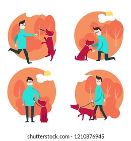 Man walking and training his dog. Vector illustration in flat style. Dog walker, dog owner poster banner design templates.