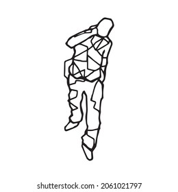 Man walking trying to signal something with his hand, sketched outline drawing. Human try to gesture something while he is in a walk silhouette illustration. People are crazy. Person walking symbol.