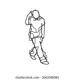 Man walking trying to signal something with his hand, outline drawing. Human try to gesture something while he is in a walk silhouette illustration image. People are crazy. Person walking logo sign.