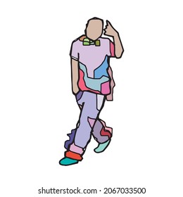 Man walking trying to signal something with his hand, outline drawing. Human try to gesture something while he is in a walk silhouette illustration image. People are crazy. Colored person walking sign