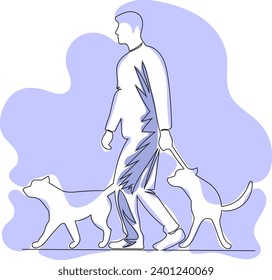 Man walking two dogs, line style vector illustration