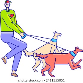 Hombre caminando dos perros con correas, vestimenta casual, perros tirando hacia adelante, actividad de cuidado de mascotas. El alegre propietario de una mascota y los perros enérgicos ilustran a pie.