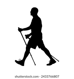 Man walking with two sticks side view vector silhouette. Old man doing nordic walking vector silhouette.