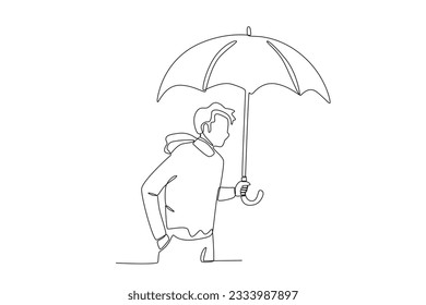 A man walking with an umbrella. Autumn one-line drawing