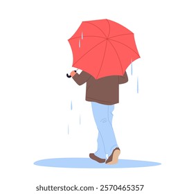 Man walking with umbrella in autumn or spring rain, rear view. Male character in coat holding red parasol to walk on puddles outside, to protect clothes from raindrops cartoon vector illustration