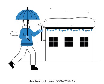 Man walking with umbrella during snowfall. Wearing warm clothes, gloves and scarf. Design character. Vector flat illustration