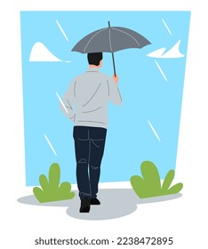 a man walking with an umbrella in the rain. back view. blue sky, clouds, raindrops, grass. concept of weather, seasons. flat vector illustration.