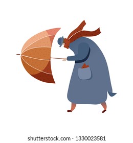 Man walking with umbrella, strong wind. Cartoon character in coat, hat and scarf. Autumn weather. Trendy vector design
