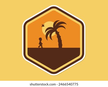 A man walking under the coconut tree during sunset time abstract retro sticker vector illustration