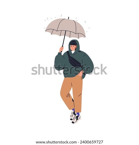 Man walking under umbrella in rainy weather, downpour. Guy holding protecting parasol in hand, going under rain drops, in hood, hoody. Flat vector illustration isolated on white background