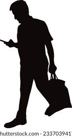a man walking and using phone, body silhouette vector