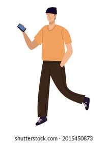 man walking using smartphone character