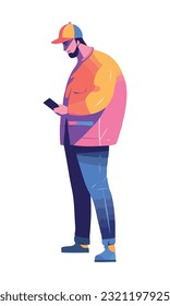 man walking using smartphone icon isolated
