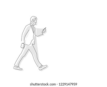 Man walking using a smartphone isolated line drawing, vector illustration design. Urban life collection.