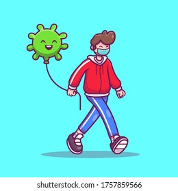 Man Walking With Virus Balloon Cartoon Vector Icon Illustration. People Icon Concept Isolated Premium Vector. Flat Cartoon Style 