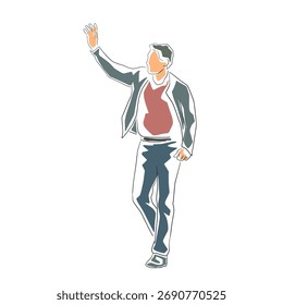 Hombre caminando y agitando la mano, Ilustración vectorial aislada. Dibujo de diseño plano