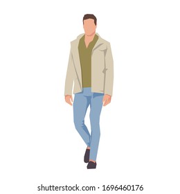 Man walking wearing jeans, jacket and shirt. Flat design geometric vector illustration