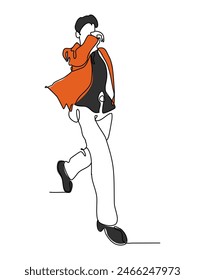 A man walking wearing orange jacket and white pants.