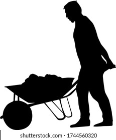 man walking with wheelbarrow full of soil from side vector silhouette