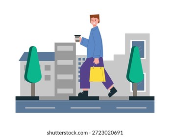Hombre caminando mientras lleva café y bolsas de compras. Diseño de personajes. Ilustración plana de Vector
