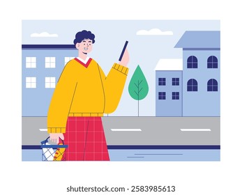 Man walking while carrying grocery shopping bags, while looking at smartphone. Design character. Vector flat illustration